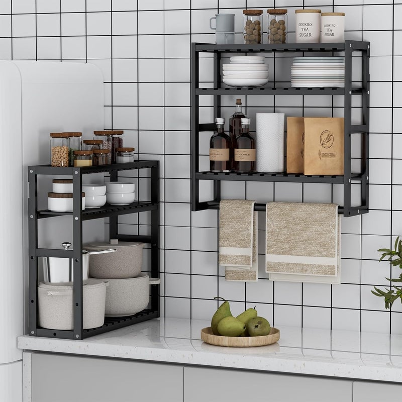 PPN Towel Rack Bathroom Storage Shelves Over The Toilet with Towel Bar 100% Bamboo Adjustable Height Floating Shelf Wall Shower Shelf for Small Space Bathroom Kitchen Multi Usage (Black-1Pack) - Image 4